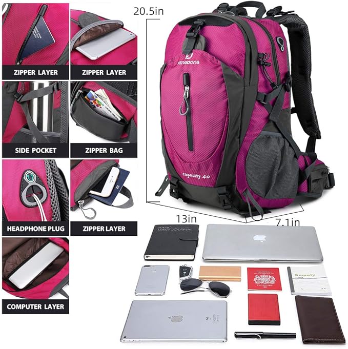 FENGDONG 40L Waterproof Lightweight Outdoor Daypack Hiking,Camping,Travel Backpack for Women Men Pink