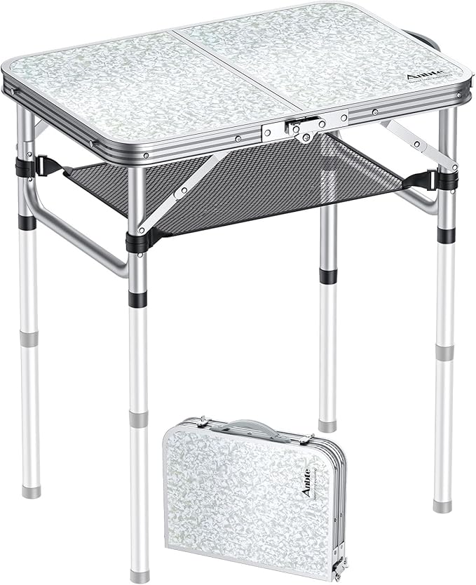 2ft Camping Table Foldable, 3 Adjustable Heights 26.3" Aluminum Small Folding Table with Storage Net, Lightweight, Portable Handle for Travel Outdoor Beach Picnic, 23.2" x 16", Silver