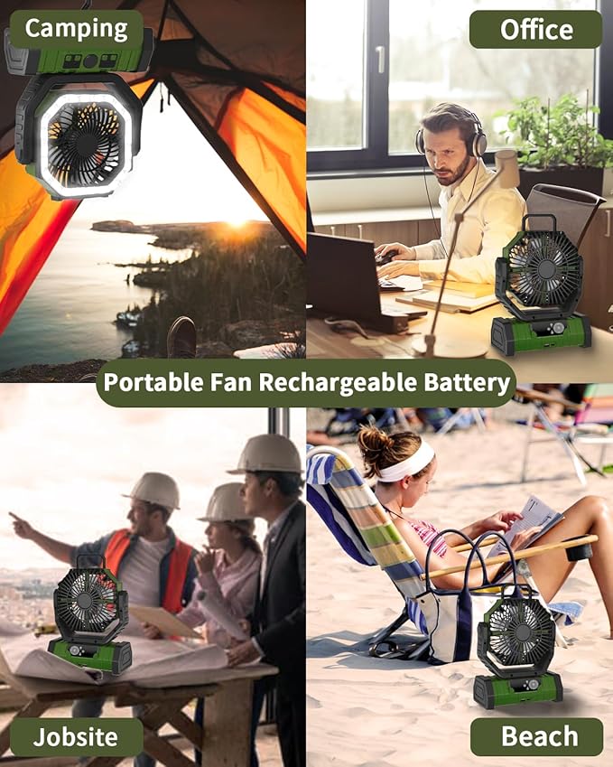 ADUST Camping Battery Powered Fan with LED Light 20000mAh Rechargeable Portable, Oscillating Cordless USB Desk Fan with Rotation Hanging Hook for Tent, Canopy, Beach, Outdoor Travel(Green)