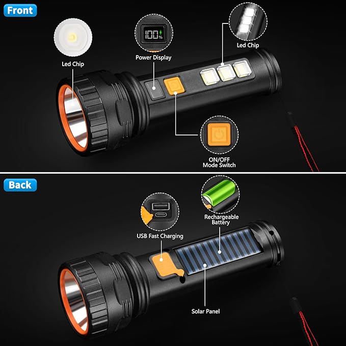 Solar Flashlights, 1500 Lumens Led Solar Powered Flashlights with Digital Display 2000mAh Battery Rechargeable Handheld Flashlights IP65 Waterproof Flashlights for Survival Emergencies, 1 Pack
