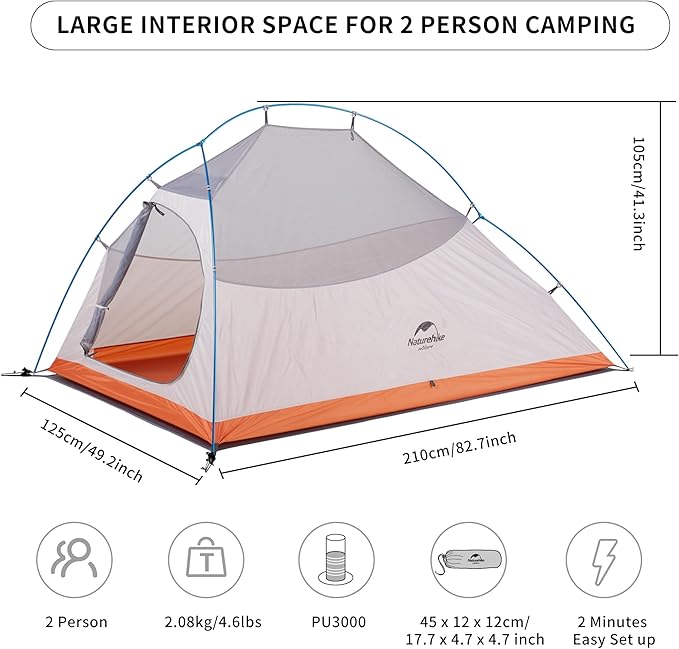Naturehike Cloud-Up 2 Person Tent Lightweight Backpacking Tent with Footprint - Free Standing Ultralight Camping Hiking Backpack Tents Two Person Tent