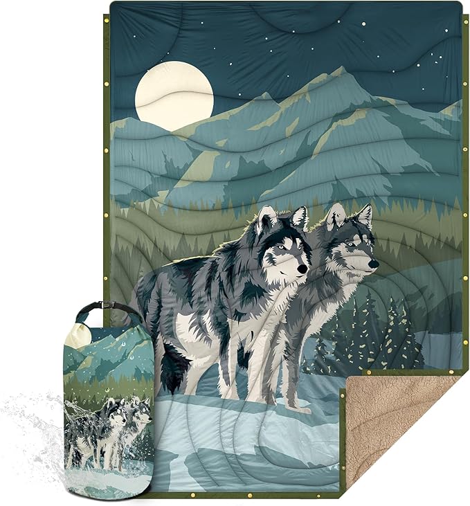 Outdoor Camping Blanket with Sherpa Lining, Extra Warm Thick Camp Blankets and Puffy Ultralight Soft Poncho DWR Camping Quilt for Cold Weather, Adventure, Sleeping, Backpacking 56"x 40"