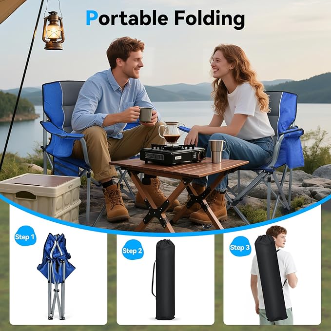 Oversized Camping Chairs for Adults, Folding Chairs for Outside Heavy Duty - 400lbs Support with Cup Holder, Cooler Bag and Side Pocket, Portable for Lawn, Outdoor Sports