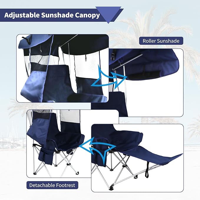 Folding Camping Chairs Canopy Outdoor: Sports Portable Beach Chair with Canopy-Lawn Beach Chairs with Umbrella for Adults-Camping Chair with Shade for Fishing Camp Heavy Duty (Casual, Navy Blue)