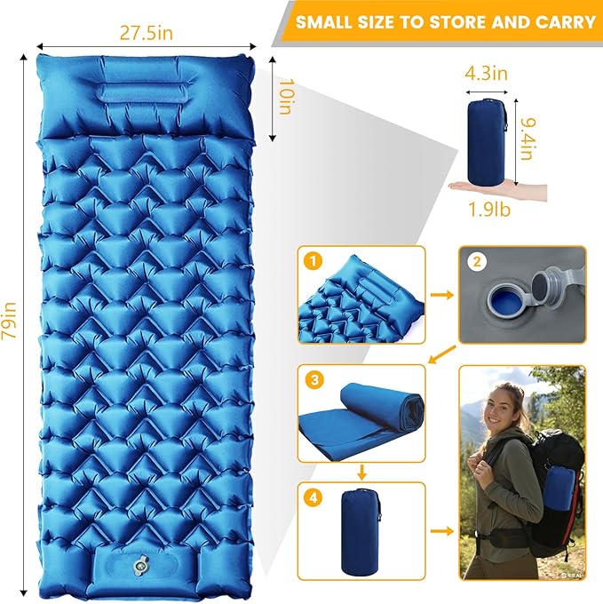 Inflatable Camping Mat, Ultra-Lightweight Sleeping Pad with Built-in Pillow & Foot Pump, Camp Pads for Backpackers, Hikers & Outdoor Enthusiasts, Easy to Carry, Gifts