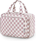 Narwey Travel Toiletry Bag for Women Large Hanging Makeup Bag Organizer Toiletries Bag for Full Size Essentials Accessories Cosmetics (Dusty Pink Checkerboard (Large))