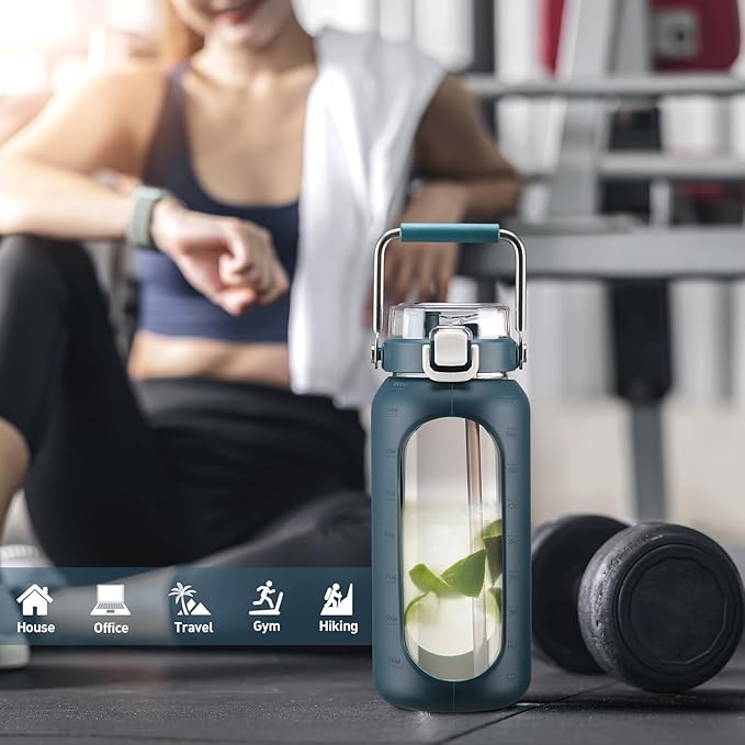 BLUEGO 64oz Water Bottle Glass with Stainless Steel Handle Large Water Bottle with Time Markers and Silicone Sleeve Half Gallon Water Jug BPA Free for Gym Daily Use, Dark Blue