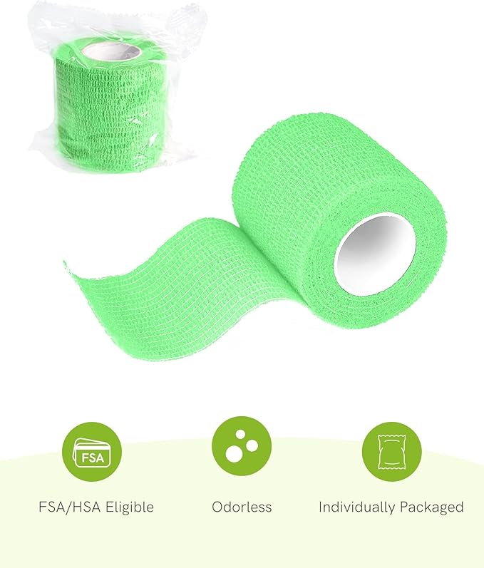 FriCARE Self Adhesive Bandage Wrap, Medical Tape in First Aid Kit, Cohesive Bandages for Wounds Sport Vet, FSA/HSA Eligible, 2 Inches X 5 Yards 6 Rolls, Fluorescent Green