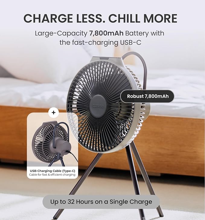 Claymore V600+ Warm Gray Rechargeable Portable Fan – 7,800mAh Battery, 4-Speed BLDC Ultra-Quiet Air Circulator USB-C Charging 32 Hrs Runtime Tripod Mountable Adjustable for Camping, Indoor, Outdoor