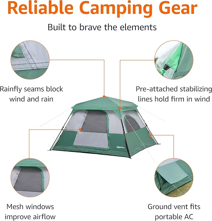 Amazon Basics Instant Camping Tent with Rainfly, Weather-Resistant, Quick Setup