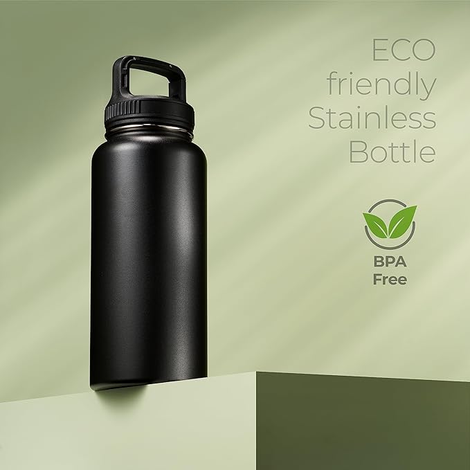 SipX™ Triple-Insulated Stainless Steel Water Bottle 32oz. With 3 Lids, BPA-Free Reusable Insulated Water Bottle Keeps Cold 24 Hours, Metal Water Bottle Made Of Sustainable Material For Hiking & Biking