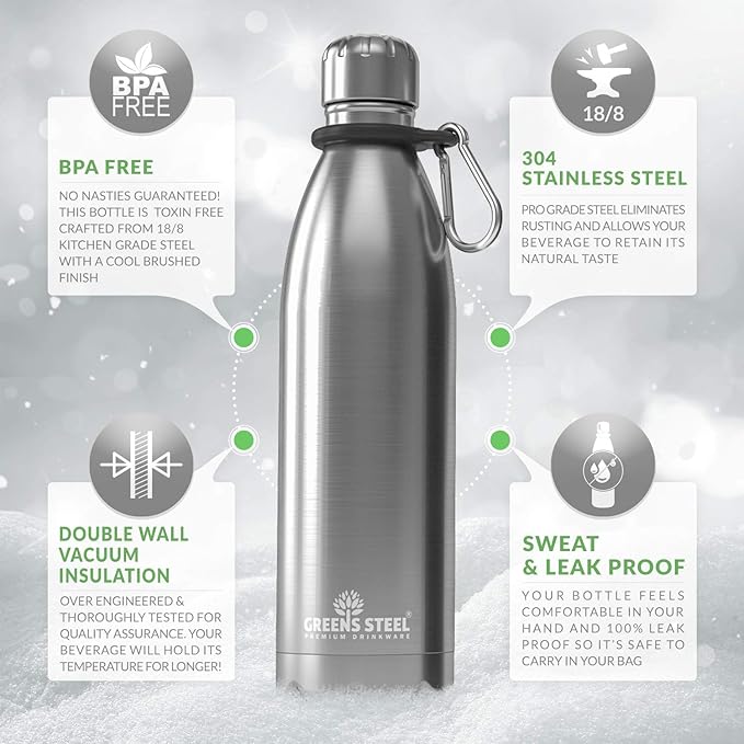 Greens Steel Stainless Steel Water Bottle - 12 oz, Steel | Vacuum Insulated Double Wall with Screw Lid/Leak Proof | Thermal Travel Sports Canteen Coffee Flask