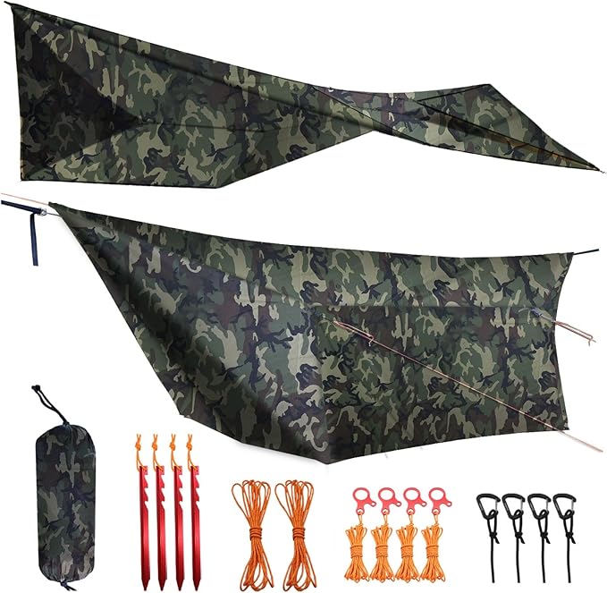 Onewind 12×10 ft Camo Camping Tarp, Billow Tarp Shelter Lightweight Waterproof Hammock Rainfly for Stealth Camping Army Military Bushcraft, Easy to Setup with Tent Pegs and Guyline, Camouflage