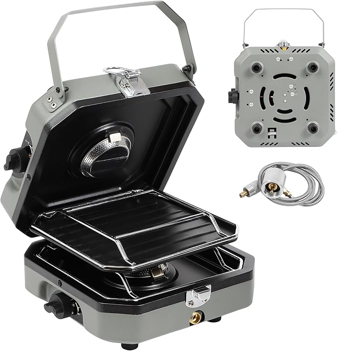 Adjustable 2-Burner Portable Stove with 16000 BTU, with Camping Grill and Carrying Bag, Portable Propane Camp Stove with 2 Burners & Piezo Ignition for Camping, Backyard BBQ,Tailgating (Green)