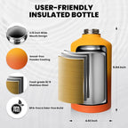 Insulated Water Bottle 64 oz, Triple Wall Vacuum Stainless Steel (Cold for 48 Hrs), Leak Proof & Non-BPA, Half Gallon Water Flask Jug with Paracord Handle & Straw Spout Lids, Ombre Orange