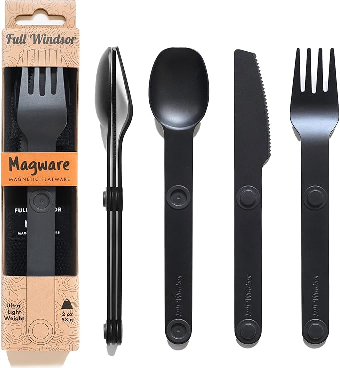 FULL WINDSOR - MAGWARE Magnetic Camping Cutlery Set - Travel Utensils for Camping, Cooking, and Outdoor Dining - Knife, Fork & Spoon - Portable Silverware with Pouch for Backpacking - Black (3 PCS)