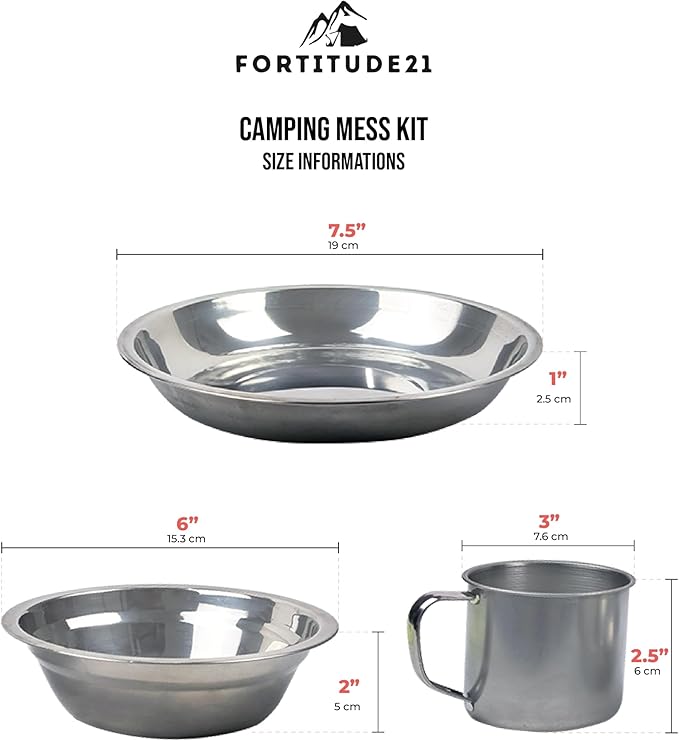Stainless Steel Camping Mess Kit - Person's Complete Picnic & Camp Dish Set, Includes Plate, Bowl, Cup & Utensils