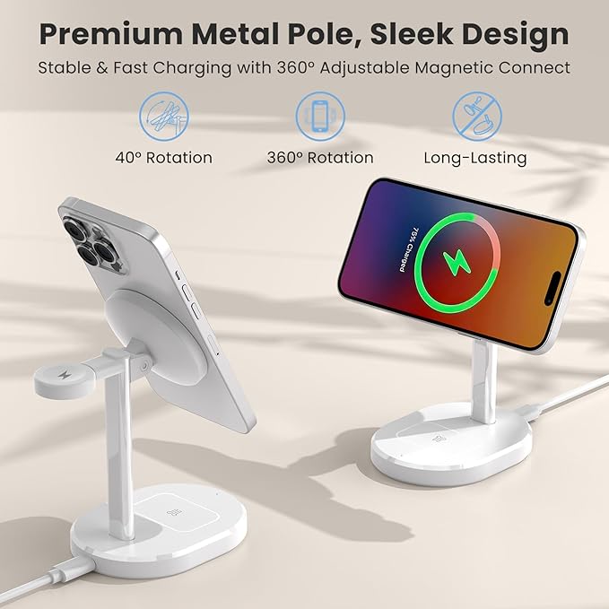 3 in 1 Wireless Charging Station,Detachable Apple Watch Charger & 15W Charger Stand for MagSafe for iPhone, Wireless Charger for Multiple Devices iPhone 16/15/14/13&Watch&AirPods(Green)