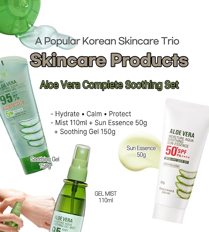 Aloe Vera Skincare Set, Korean Skin Care Kit with Soothing Gel 150g, Facial Mist 110ml & SPF50+ Sunscreen 50g, Hydrating Travel Size Skincare for Face & Body Daily Care