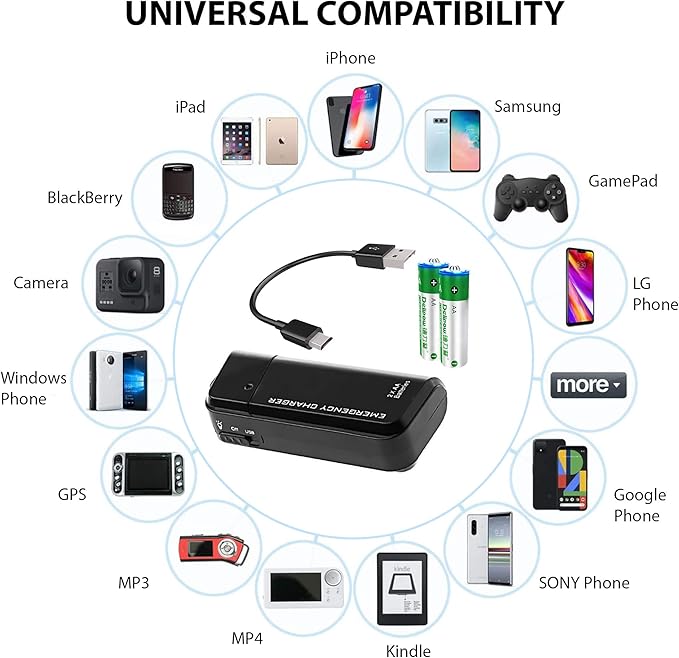 VOLT+ Portable AA Battery Travel Charger Compatible with Samsung Galaxy Book 2 PowerBank Emergency with LED Safety Light! (Takes 2 AA Batteries,USB Type-C)
