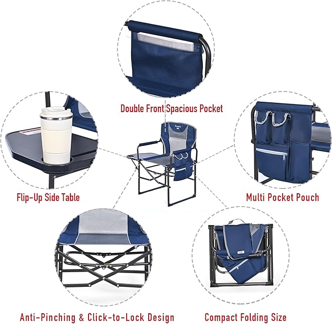SUNNYFEEL Oversized Camping Directors Chair, Portable Folding Lawn Chairs for Adults Heavy Duty with Side Table,Pocket for Beach, Fishing,Picnic,Concert,Tailgating, Outdoor Foldable Camp Chair