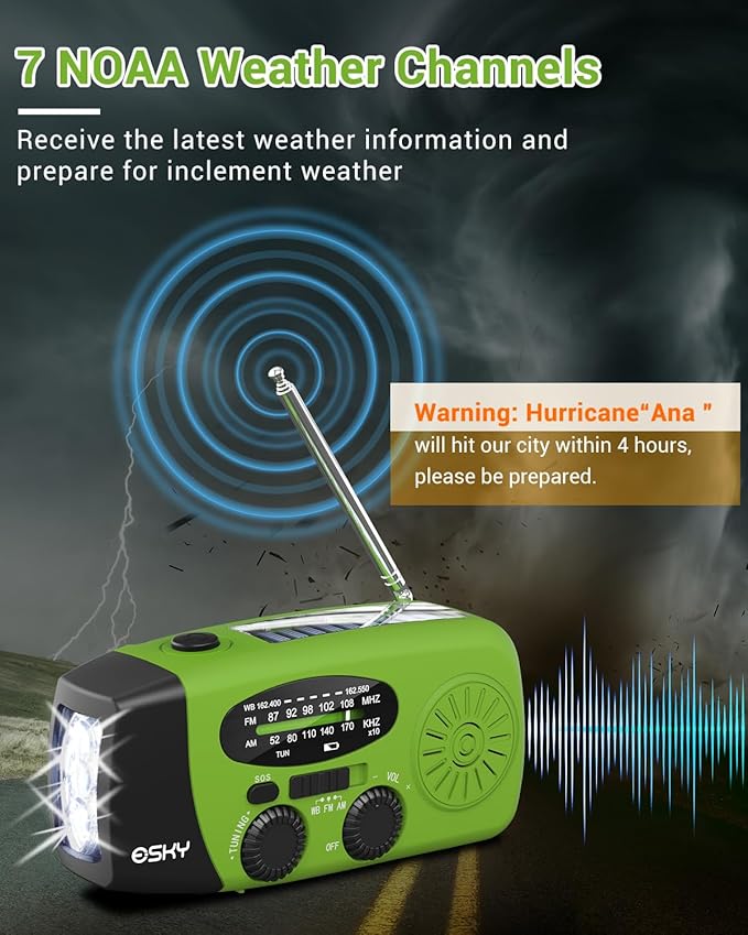 Esky Emergency Hand Crank Radio with 3 LED Flashlight, AM/FM/NOAA Portable Weather Radio with 2000mAh Power Bank Phone Charger, Solar Powered USB Rechargeable Radio for Indoor Outdoor Camping, Green