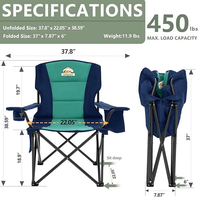 Colegence Heavy Duty Camping Chair for Adults Set of 2, Oversized Heavy People Foldable Padding Outside Camp Chairs, with Cooler Bag Cup Holder, Side Pocket for Lawn,Sport,Outdoor,Dark Blue