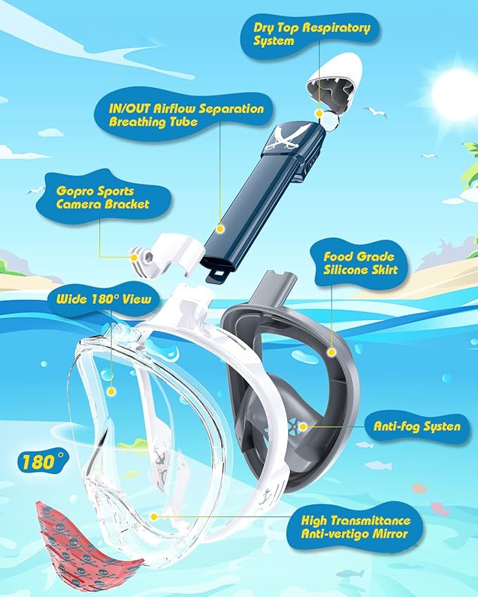QingSong Kids Snorkel Mask Full Face, Snorkeling Set with Camera Mount, Foldable 180 Degree Panoramic View Snorkeling Gear Anti-Fog Anti-Leak