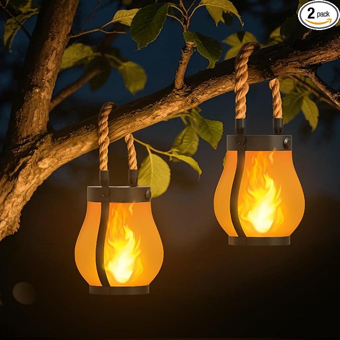 Hompavo Gen2 Solar Lanterns Outdoor Waterproof with Realistic Flickering Flame, Dual Charging (USB/Solar) & 2 Modes - Decorative Hanging/Table Lights for Yard Patio Garden Halloween Christmas Decor, 2