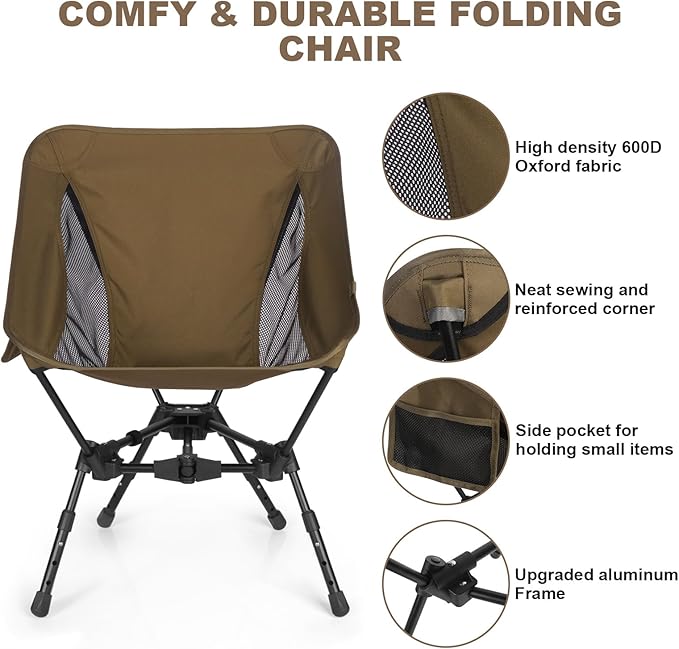 Lightweight Folding Camping Chair: Portable Ultralight Height Adjustable Folding Camping Chair 330 lbs Capacity with Side Pockets Ideal Backpacking Chair for Short hikes and Cycling Trips (Khaki)