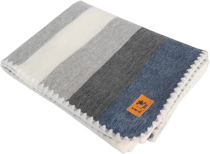 Alpaca Wool Blanket – Twin Size, 75 x 38 Inches – Warm & Lightweight – Couch, Bed, or Outdoor Blanket – Gray & Blue