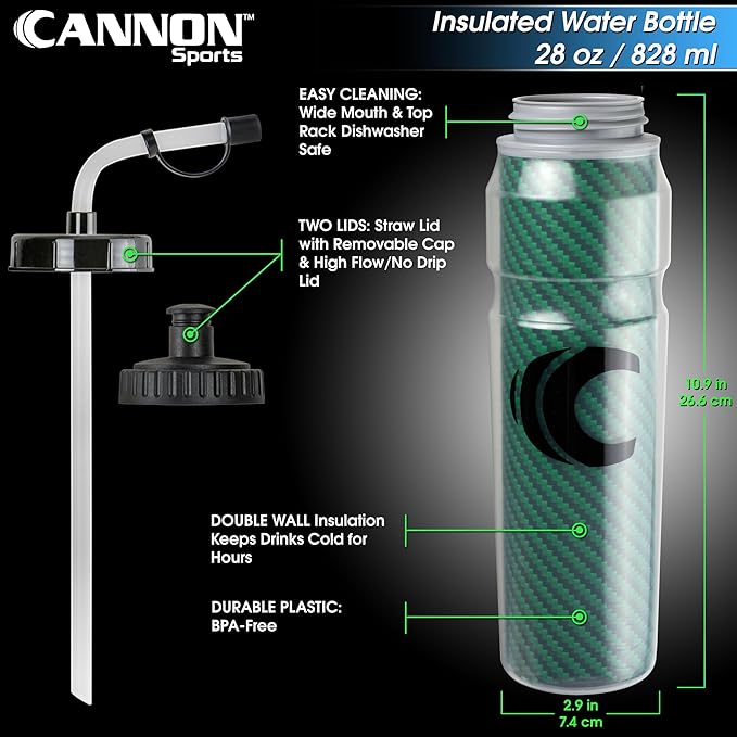 Cannon Sports 28oz Insulated Squeeze Water Bottle with Straw, Leak Proof Lids, 2 lids (Straw and Squeeze), Double Wall Insulation, Wide Mouth, BPA-Free (Green)