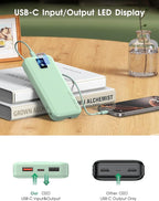 Portable Power Bank, 12000mAh 22.5W Fast Charging Phone Charger with Built-in Cables & Wall Plug, Travel Essential Battery Pack with LED Display, USB C Battery Charging Bank for iPhone, Samsung Green