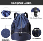 Hoedia Sports Drawstring Backpack - String Swim Gym Bag with Shoes Compartment and Wet Proof Pocket for Women/Men (Navy Blue)