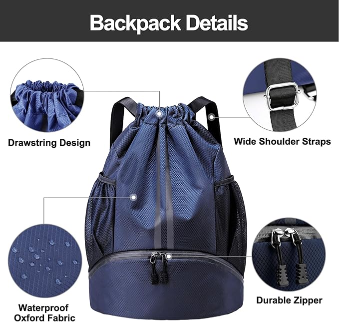 Hoedia Sports Drawstring Backpack - String Swim Gym Bag with Shoes Compartment and Wet Proof Pocket for Women/Men (Navy Blue)