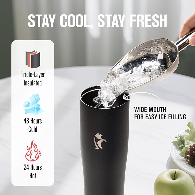 Coolflask Water Bottle 40 oz Fits Car Cup Holder, Slim Tumbler Stainless Steel with Straw & Handle, Vacuum Flask Leakproof Wide Mouth for Travel Sports Gym, Black