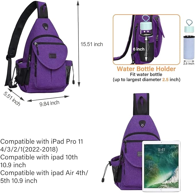 MOSISO Sling Backpack,Canvas Crossbody Hiking Daypack Bag with Anti-theft Pocket, Purple