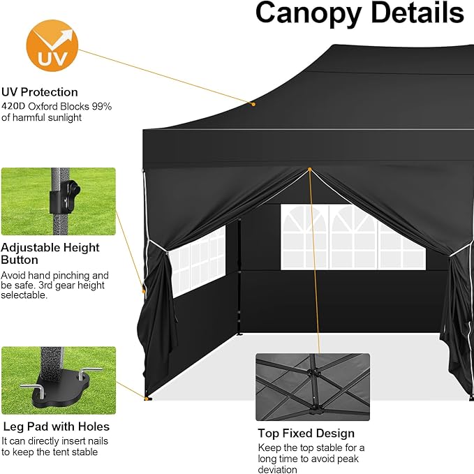 COBIZI 10x20 Pop up Canopy Tent 10x20 Canopy with 6 Sidewalls Waterproof Heavy Duty Commercial Canopy Tent for Parties Outdoor Tent Garden Gazebo Tent, Carry Bag with Wheel(10x20ft, Black)