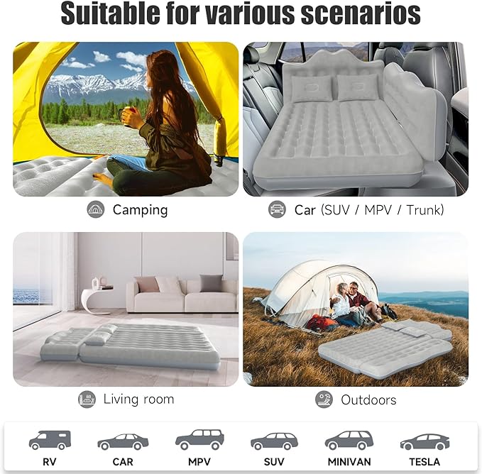 Car Air Mattress, Inflatable SUV Truck Air Mattress Back Seat Camping Bed Thickened Car Sleeping Pad for Travel, Car Bed SUV Mattress with Air Pump 2 Pillows