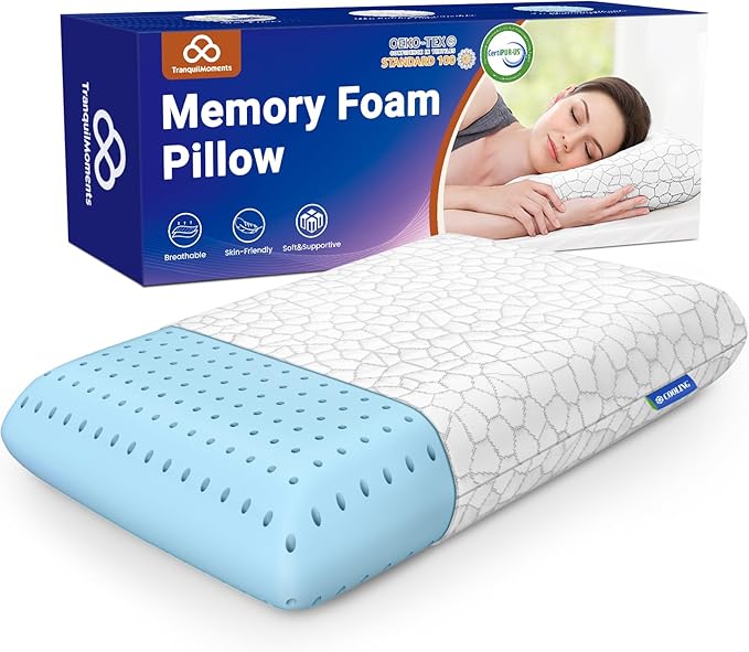 Cooling Memory Foam Pillows, Cooling Bed Pillow, Bed Pillow for Side, Back and Stomach Sleepers, Neck Pillow for Sleeping with Removable and Machine Washable Cover, Queen Size (1 Pack)