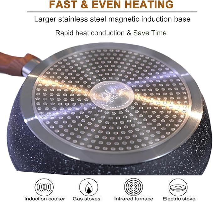 Kitchen Academy Induction Cookware Sets - 12 Piece Cooking Pan Set, Granite Black Nonstick Pots and Pans Set