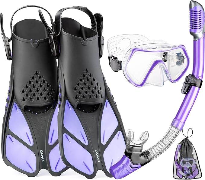 CAPAS Snorkel Mask Fins Set, Travel Size Snorkeling Gear for Adults with Adjustable Fins, Diving Mask and Dry Top Snorkel, Come with a Carrying Bag