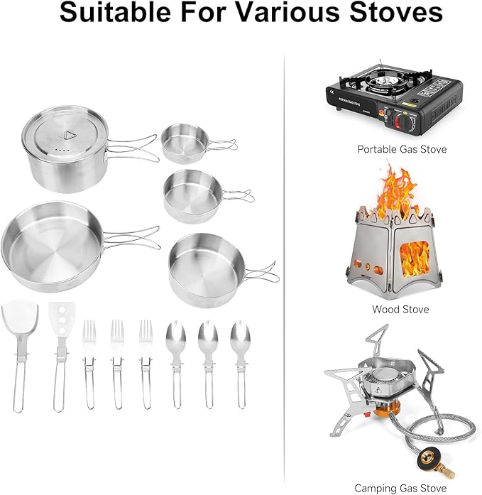 13 Piece Camping Cookware Set Stainless Steel Pots and Pans Set with Folding Forks Spoons Spatulas, Portable Lightweight Camping Mess Kit for Backpacking, Outdoor Cooking