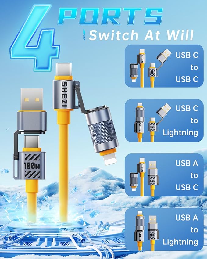 4 in 1 USB C Cable 100W Fast Charging & Data Transfer, Thicker Silicone Multi Charger Cord for iPhone iPad Charger Wire Combo with L/Type C/USB A for iPhone 17/16/15/Macbook (Yellow)