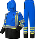 Hi Vis Rain Jacket, Rain Suits for Men with Removable Hood, Rain Coats for Men Interior Mesh, Class 3 High Visibility Rain Gear,Waterproof Zipper Blue S/M