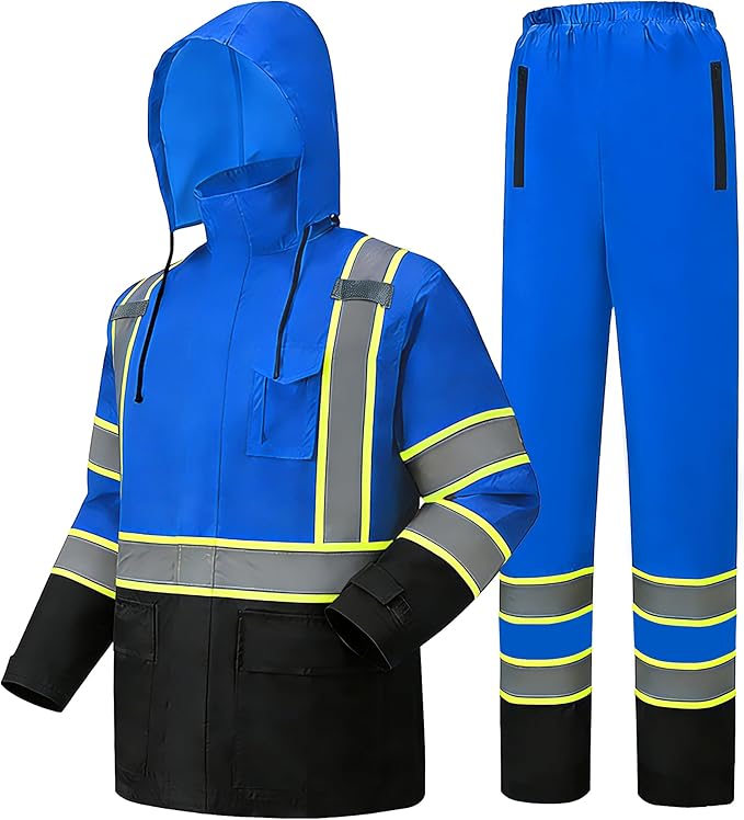 Hi Vis Rain Jacket, Rain Suits for Men with Removable Hood, Rain Coats for Men Interior Mesh, Class 3 High Visibility Rain Gear,Waterproof Zipper Blue S/M