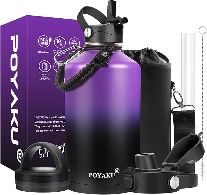 Water Bottle Insulated 32oz 40oz 64oz 128oz Straw Lid Spout Lid & 3 Lids, Leak Proof, Vacuum Insulated,Stainless Steel Water Bottle Wide Mouth for Sports, Gym or Office