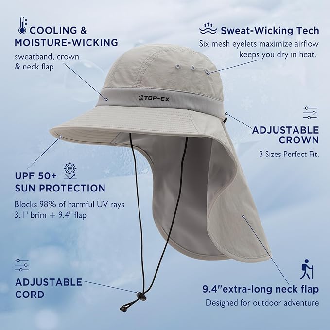 TOP-EX Cooling Sun Hat with Neck Flap – UPF 50+ Wide Brim Breathable Hat for Hiking, Fishing & Big Heads