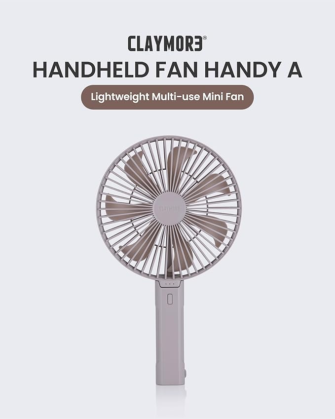 Claymore Handy A (Gray) Portable Handheld Fan - Rechargeable Foldable with Quiet BLDC Motor, USB-C Charging, 180° Adjustable Design, 6 Speed Settings, Personal Fan for Travel, Outdoor & Indoor Use