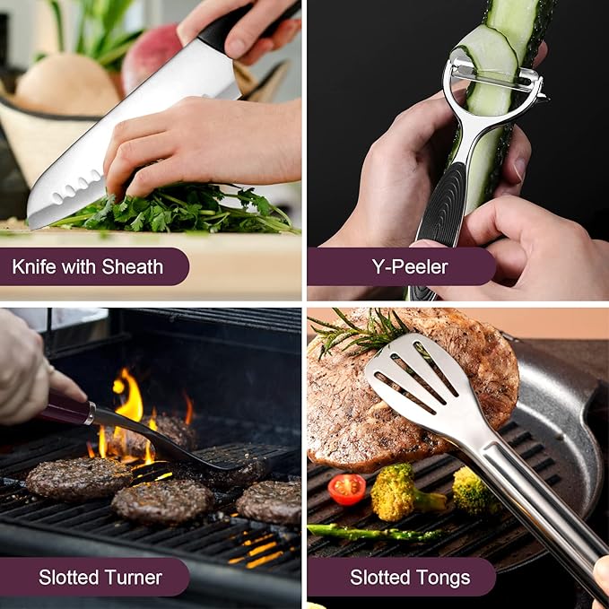 Odoland 8Pcs Camping Cooking Utensils Set for Family & Adults, Kitchen Utensil with Tongs, Scissors, Cutting Board, and Water Resistant Case for Picnic, Hiking, Backpacking, Outdoor Camping